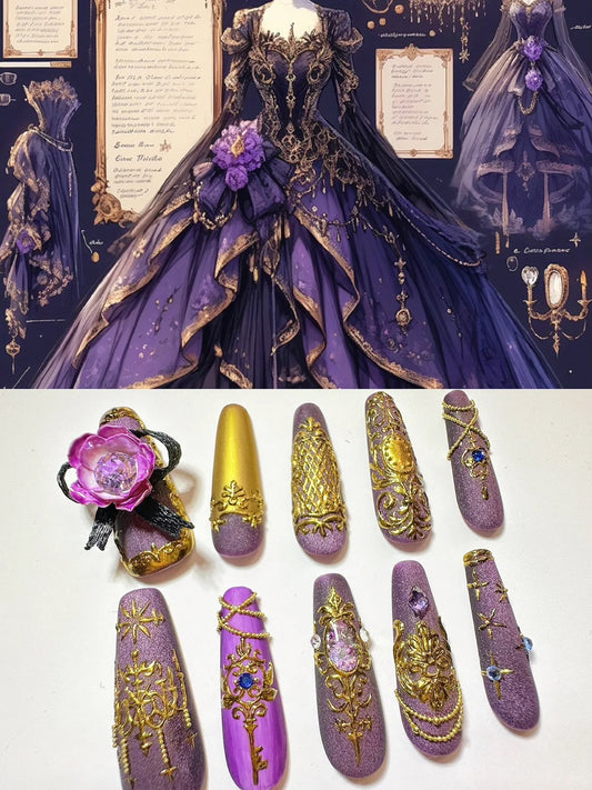 The Purple Gold Countess - Handmade Press On Nails with Special Design  - Reusable Nails with Nail Tools - XS-XL