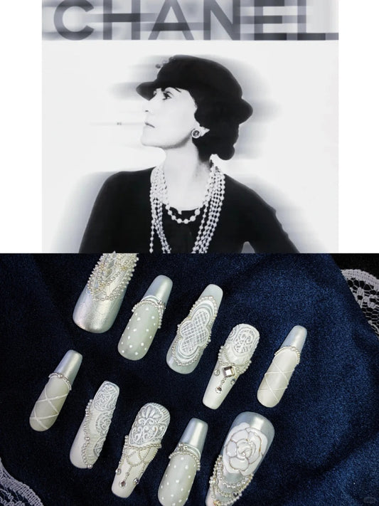 COCO CHANEL - Handmade Press On Nails with Special Design  - Reusable Nails with Nail Tools - XS-XL