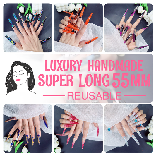 X34-X66- Handmade Press On Nails with Special Design - New Super Long 55MM - Reusable Nails with Nail Tools - S-L